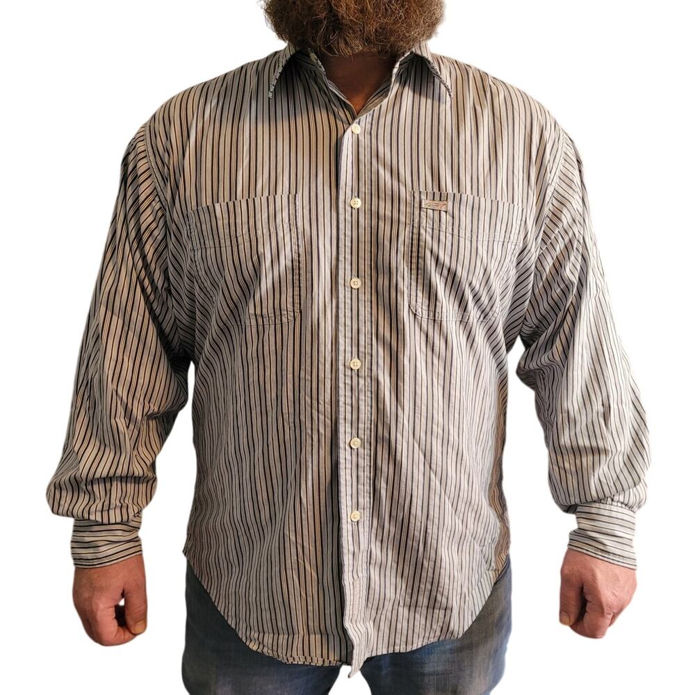 Greg Norman Pinstripe Button Down Shirt L Shark Logo Light Blue Golf Preppy